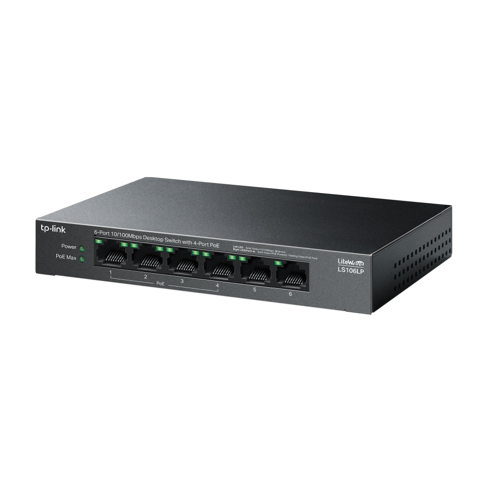 TP-Link LS106LP 6-Port 10/100Mbps Desktop 41W POE Switch with 4-Port PoE + 2 Uplink RJ45 Ports | 250M Support TP-Link LS106LP 6-Port 10/100Mbps Desktop 41W POE Switch with 4-Port PoE + 2 Uplink RJ45 Ports | 250M Support